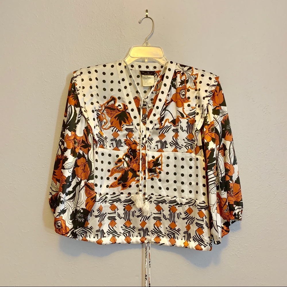 Vintage Bronze Black & White blouse with tassles
